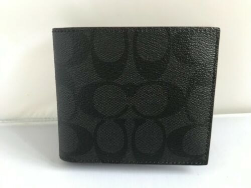 Coach Mens Signature ID Compact Wallet 3 in 1 PVC Leather Black Oxblood F25519 - Picture 3 of 7