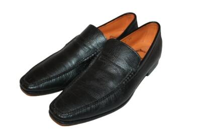 Santoni Penny Loafer Shoes Mens 8.5 Black Pebbled Leather 