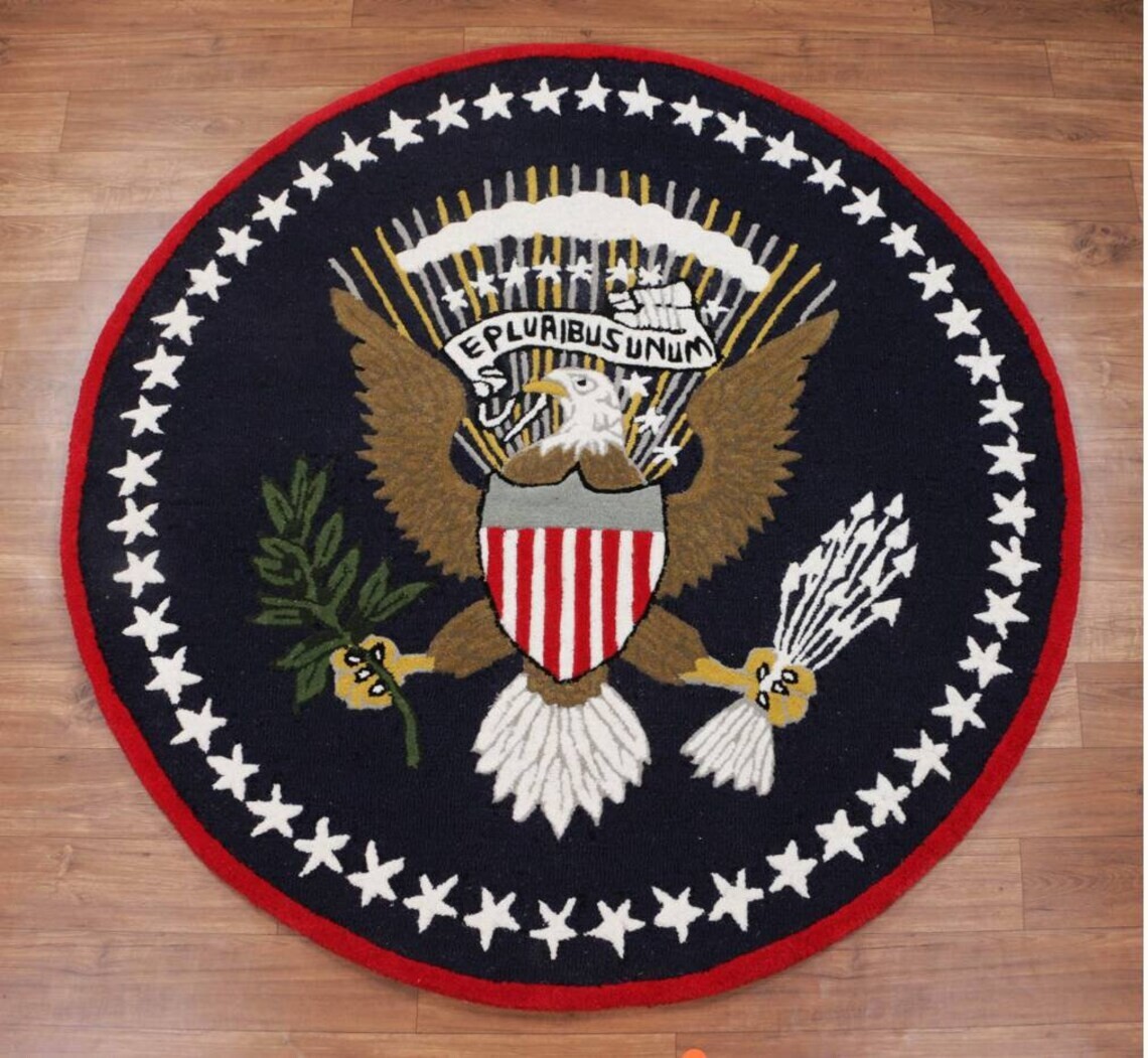 Logotipo de EE. UU. Bandera 6'x6' Águila Pluribus Presidente Alfombras Mechonadas 100% Lana