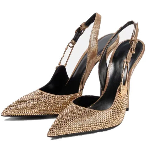 Women's patent leather high heels, pointed metal buckle thin high heel sandals