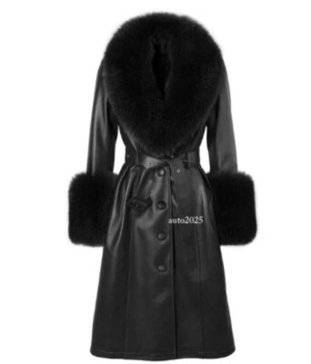 Plus Size Coat Women Real Fur Collar Long Genuine Leather Coat Trench Jacket Top