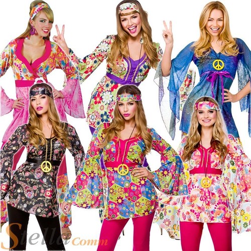 Ladies Hippie 60s 70s Hippy Flower Fancy Dress Costumes Flares Adult Outfit - Picture 1 of 7