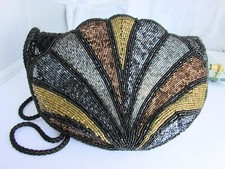 VTG Scalloped Beaded Evening Bag Purse Crossbody Strap Gold Black Pewter Bronze