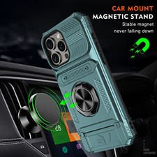Rugged for iPhone 15 17e 18 Pro Max Case w/ Magnetic Ring Stand Hidden Card Slot