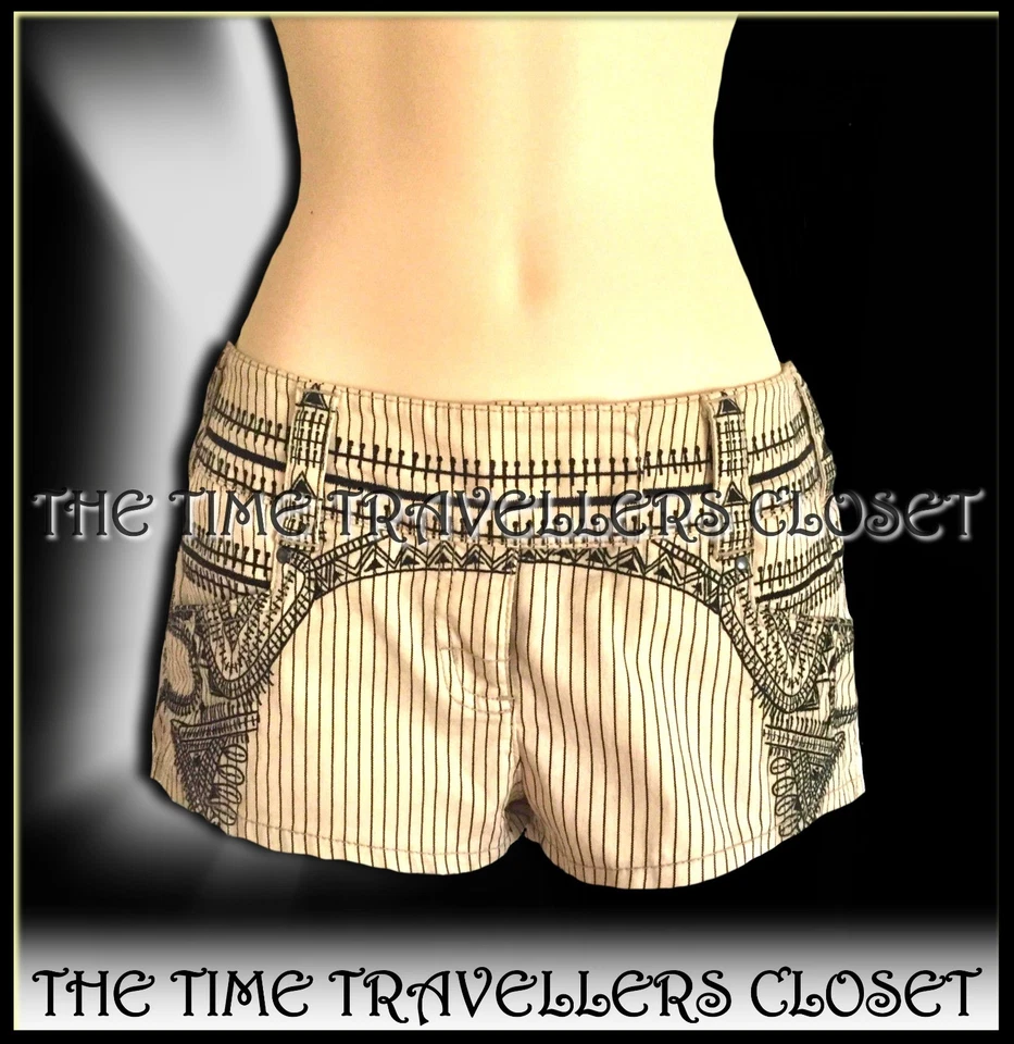KATE MOSS TOPSHOP Cream Black Embroidered Aztec Pinstripe Shorts Hot Pants UK 10 - Image 4 of 4