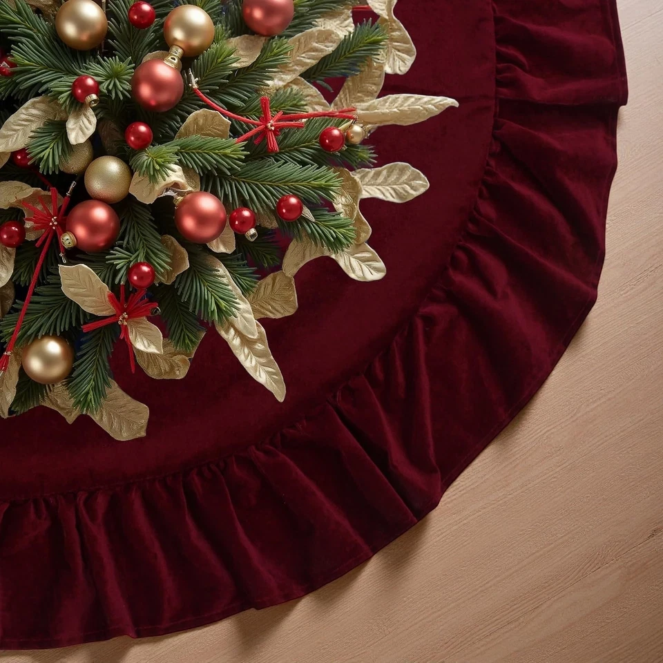 48-Inch Red Velvet Christmas Tree Skirt – Ruffled Holiday Tree Skirt - Image 3 of 4