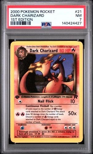 2000 POKEMON ROCKET 1ST ED #21 DARK CHARIZARD PSA 7