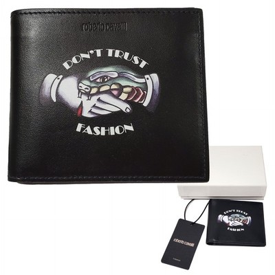 ROBERTO CAVALLI WALLET BLACK LEATHER BIFOLD DON'T TRUST FASHION