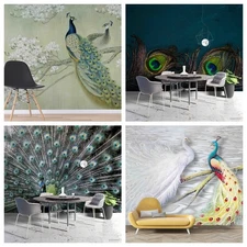 3D Peacock Feather Branch Self-adhesive Wallpaper Removable Wallpaper Wall Mural