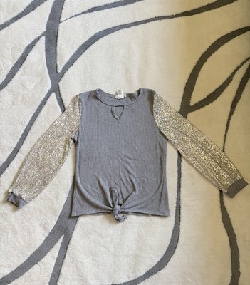 Ten Please M Gray Ribbed Knit Pullover Top Sequin Long Sleeve Crew Neck