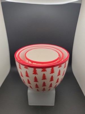 Set Of 3 Christmas Holiday Nesting Bowls White with Red Pine Trees