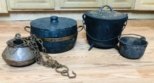 Lot 4 Antique Pots Cast Iron Dutch Copper Halloween Witches Cauldron Cauldrons