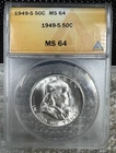 1949-S Franklin Silver Half Dollar 50C ANACS MS64 Blazing White ~ Free Shipping