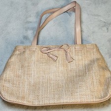 Liz Claiborne Straw Woven Shoulder Bag Beige/Pink Faux Leather Trim Summer Beach