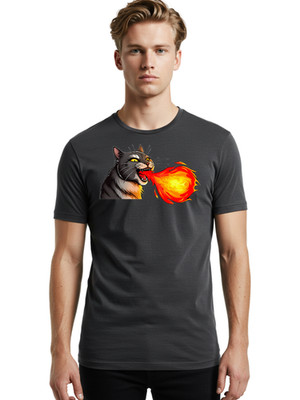 Fire-Breathing-Cat Mens Graphic Tee, 100% Cotton, Casual Summer Wear