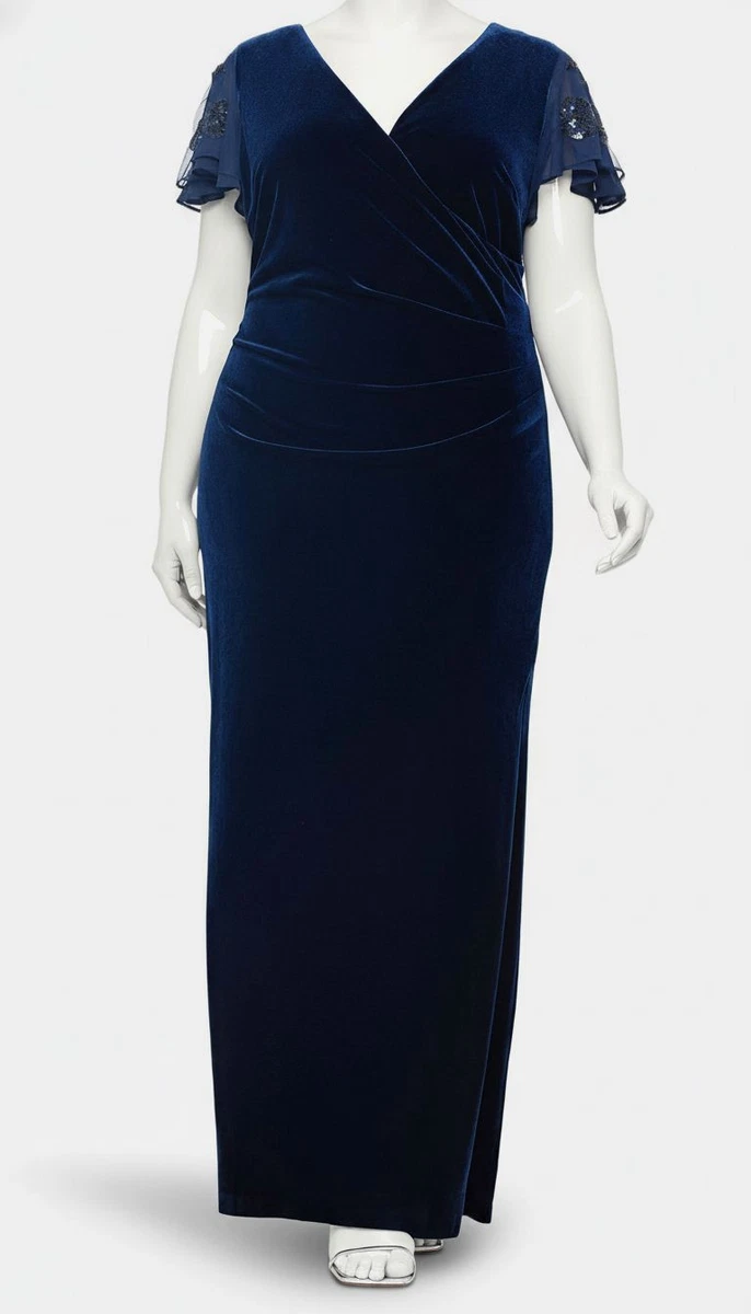 Betsy & Adam Women's Blue Velvet Embellished Flutter-Sleeve Dress Plus Size  20W | eBay