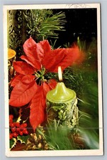 Vintage Christmas Postcard Poinsettia Lit Candle Holly Pine Denmark 1969