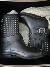 NEW BURBERRY Mid-Calf Rubber Studded Holloway Rain Boot Black EUR 35 US 6