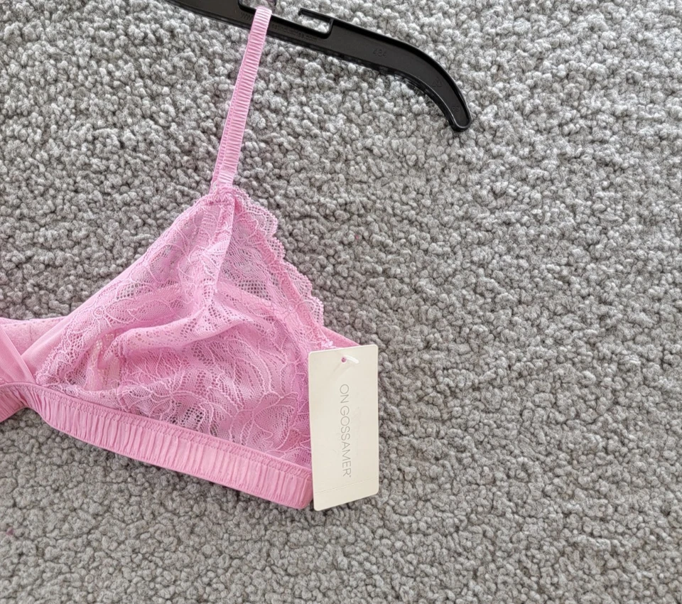 Bralette de encaje On Gossamer Luxe para mujer S rosa malla alas traseras gancho y cierre de ojos Foto 4 de 4