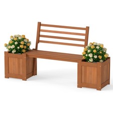 Wood Planter Box with Bench & Backrest 2 Flower Boxes Open-ended Base