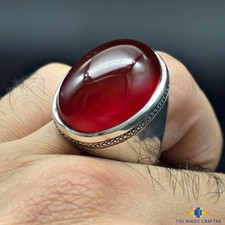 Handmade Red Yemeni Cabochon Agate Aqeeq Ring 925 Sterling Silver Ring For Men