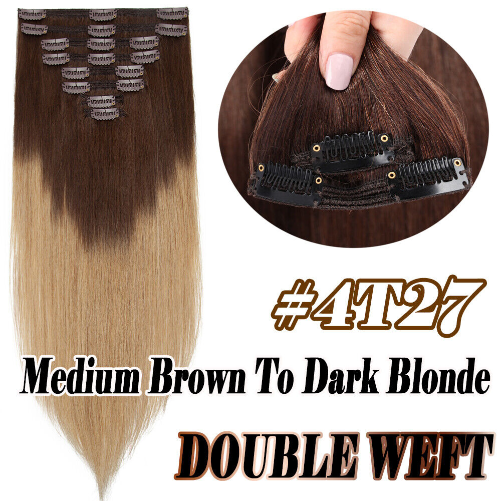 DOUBLE WEFT Clip in Russian 100% Human Hair Extensions THICK Full Head MIX COLOR Nowe popularne
