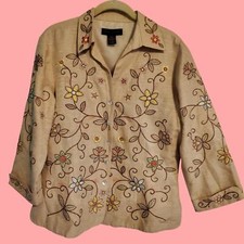 Silk Land 100 Silk Floral Embroidered Tan Colorful Blazer Style Jacket Size L
