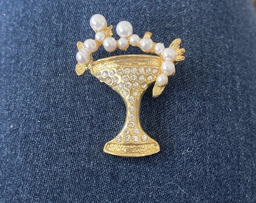 Goldtone Faux Pearls Rhinestone Champagne Bubbles Brooch Pin