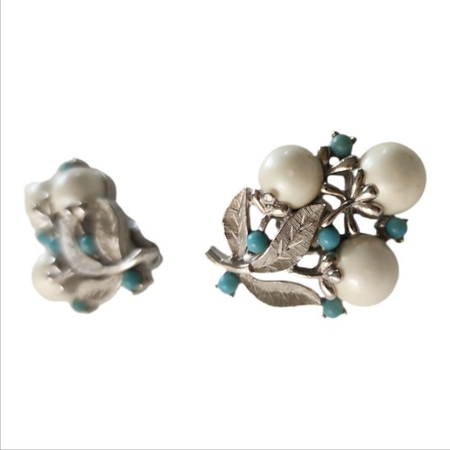 Sarah Coventry Brooch And Earring Set Alaskan summer Turquoise Faux Pearl - Picture 8 of 10