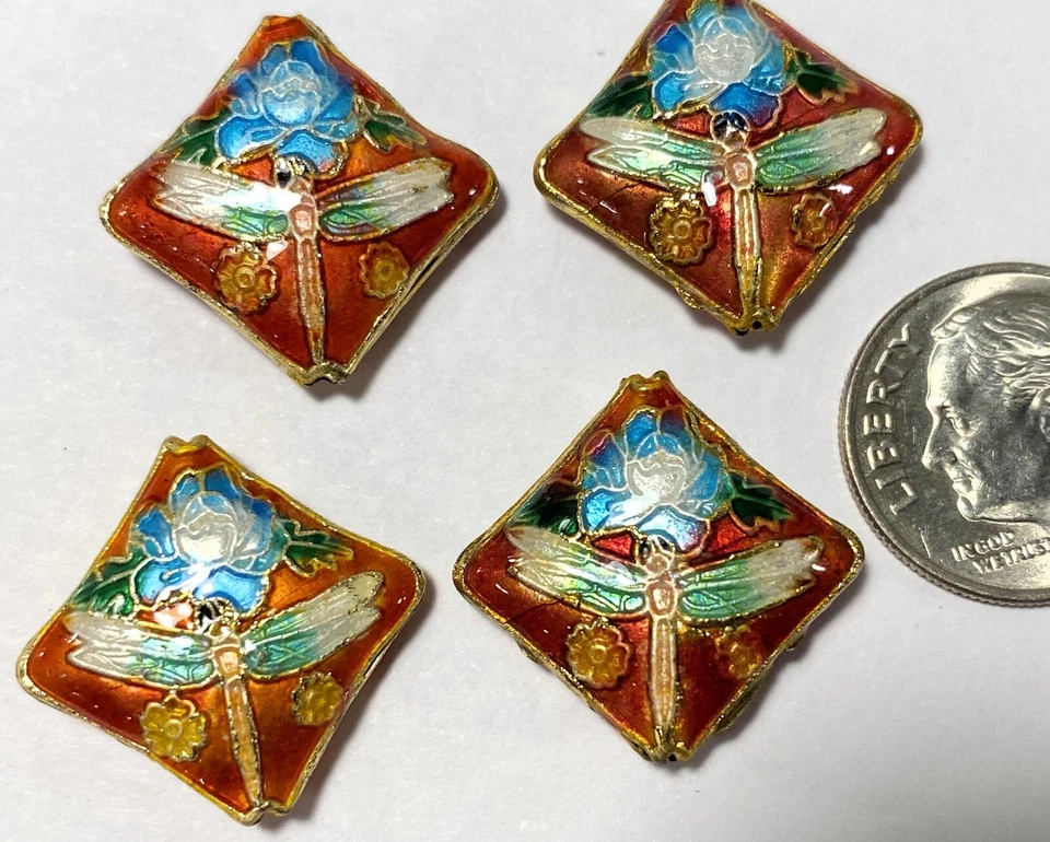 4 cuentas de flor de libélula de diamante de doble cara de 19x6 mm chapadas en oro Cloisonné Foto 3 de 4