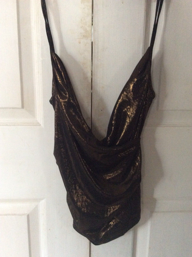 ELLE B SPORTSGIRL Shiny Bronze Cross Front &Back Ruched Sides Strappy Top Size M - Picture 6 of 7