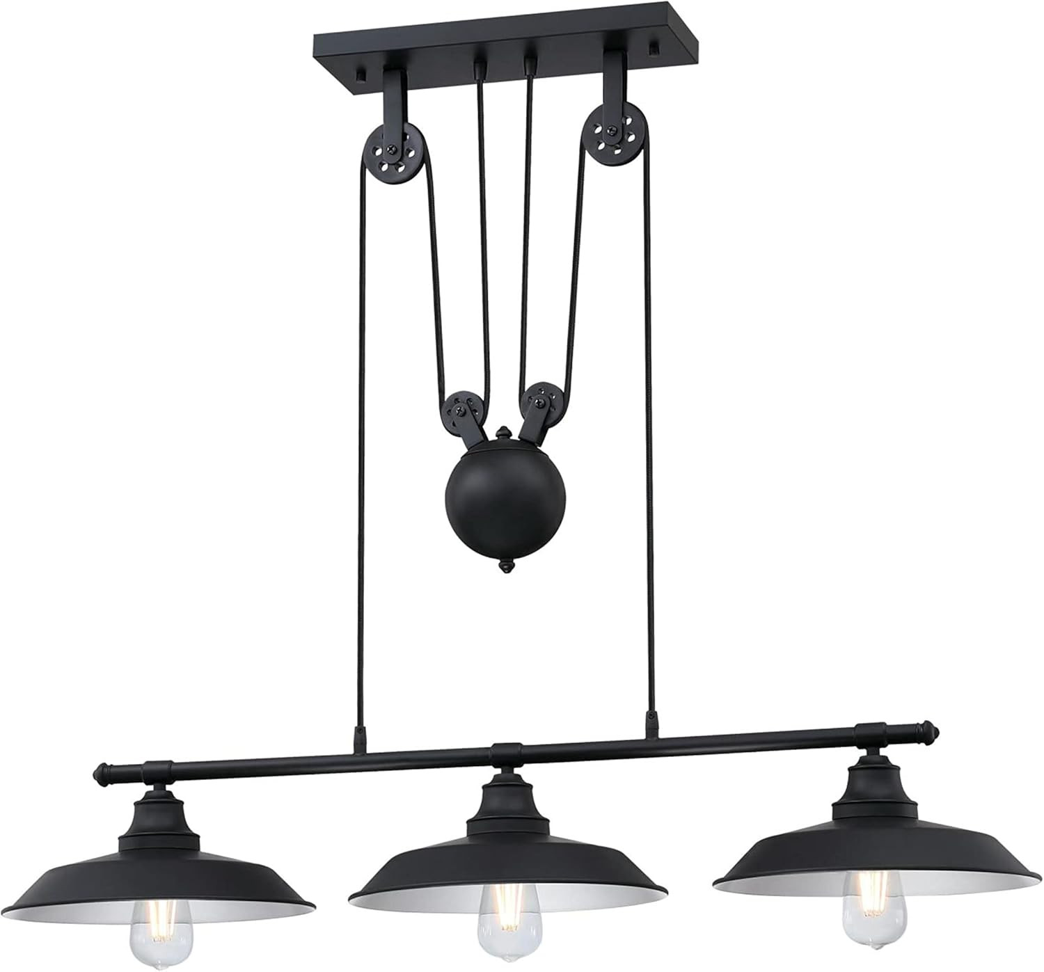 Hill Vintage-style Three Light Indoor Pulley Pendant, Matte Black F
