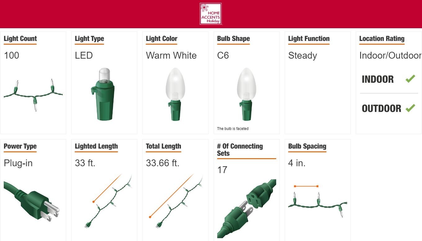 Home Accents 100 Ct LED Warm White C6 Light Christmas Continuous On