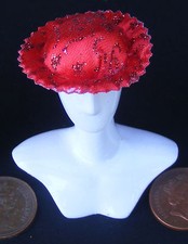 Dolls House Ladies Hat Red Patterned Small Cloth SHd 1:12 Scale tumdee