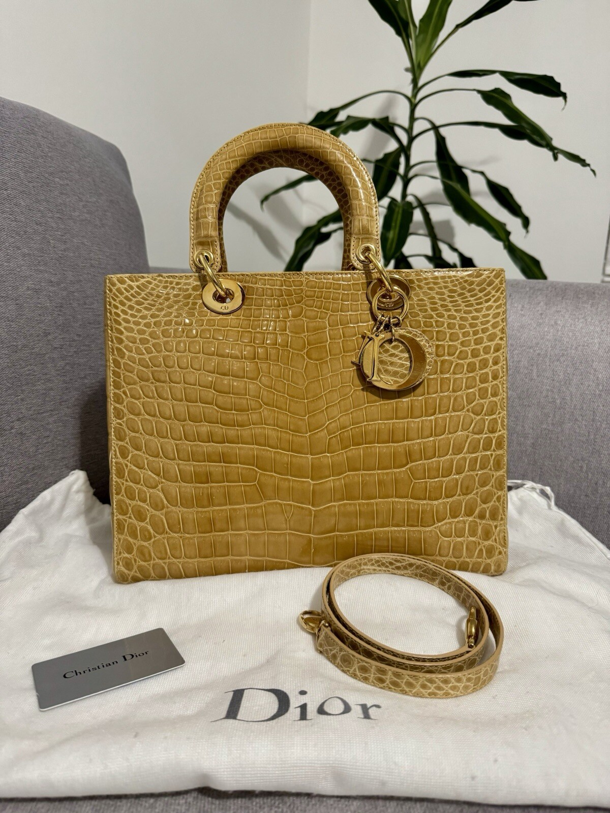 Christian Dior Lady Dior Croco Crocodile Alligator Bag Handbag Large