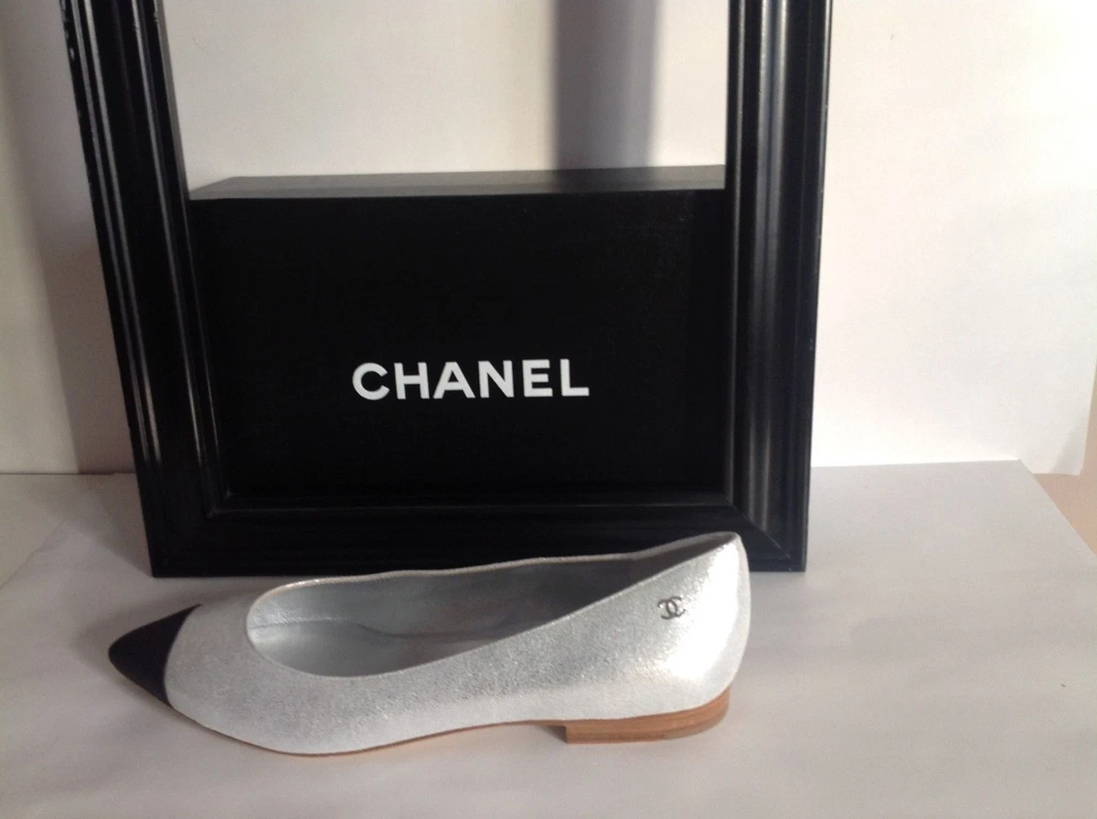 New CHANEL CC Logo Pointed Cap Toe Black Silver Leather Flats Ballet Shoes  39.5