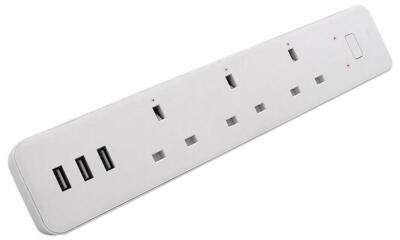 Prolunga Multipla Con 3 Prese UK E 6 Porte USB - Cavo 2 Metri, 2500W, Bianco/nero