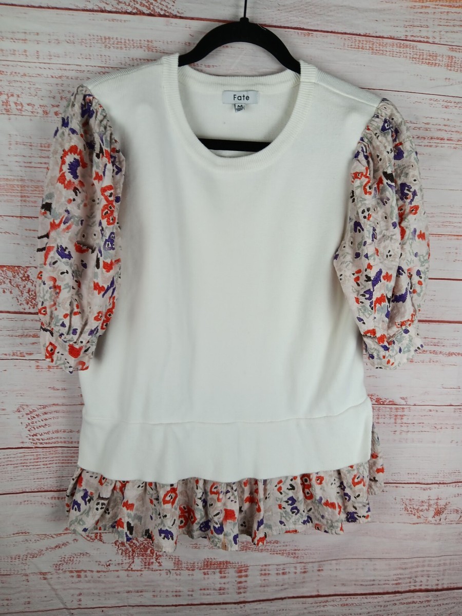 FATE Blouse Women's Medium White Short Sleeve Floral 100% Cotton