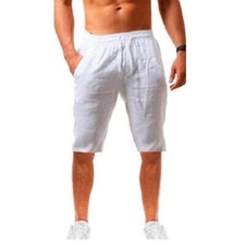 Mens 3/4 Length Linen Sports Shorts Elastic Waist Loose Casual Solid Capri Pants