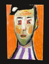 Portrait Painting Naive Outsider 4x6 Wall Art Orange Purple Man Elvis Hair