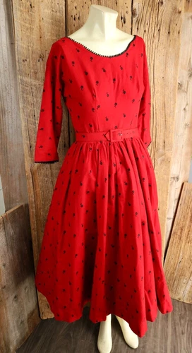 Vintage Lanz Red Flannel Dress w Black Embroidered Flowers No Size Tag but S/M