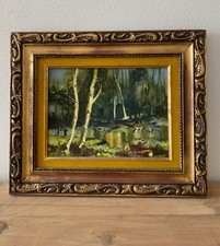 Vintage Framed Oil Painting on Canvas, River Landscape with Birch Trees and Distant Mountains — listing 5