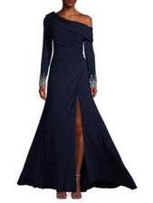 MAC DUGGAL Navy Drop One Shoulder Beaded Embellished Cuff Jersey Stretch Gown 4