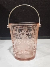 FOSTORIA GLASS #2375 VERSAILLES ROSE PINK  6" TALL ICE BUCKET CHROME HANDLE