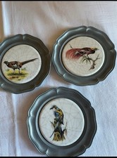 3er Set Vintage Zinn-Wandteller / Untersetzer mit Vogelmotiven