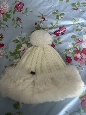 White Knit Winter Beanie with Faux Fur Trim and Pom Pom