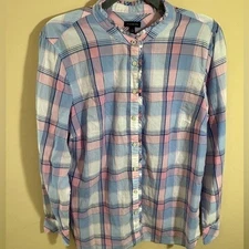 Talbots Long Sleeve Plaid Ruffled CollarButton Down Shirt size L