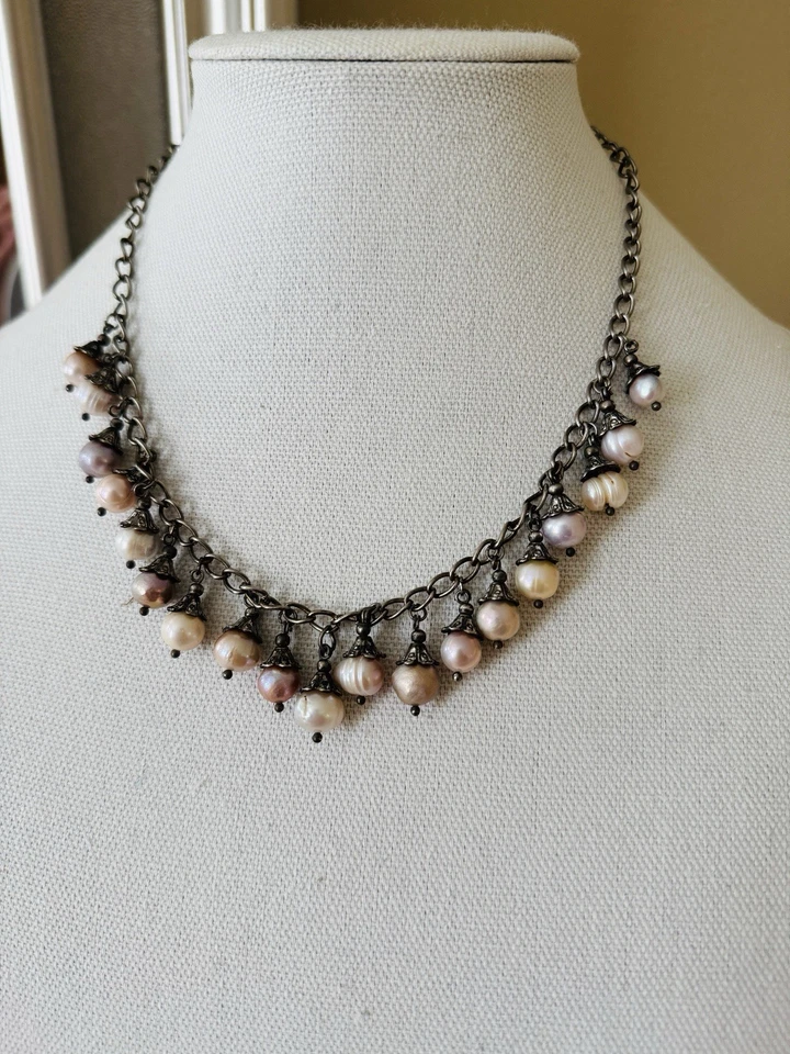 Cultured Pearls Beaded Silver Tone Gun Metal Chain Statement Necklace - Image 3 of 4