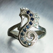 Natural blue sapphires 925 Silver / Gold/ Platinum seahorse unisex ring