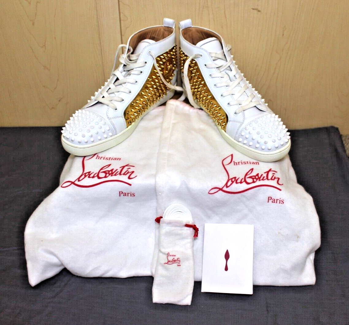 Christian Louboutin Men High-cut Sneakers Spikes White & Gold 45